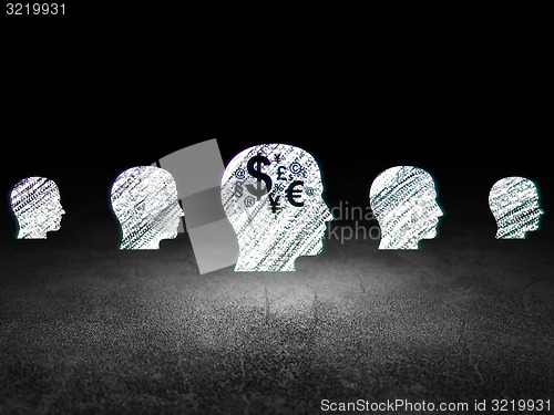 Image of Finance concept: head with finance symbol icon in grunge dark room