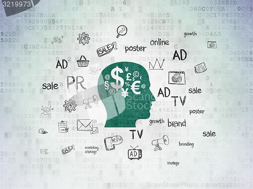 Image of Marketing concept: Head With Finance Symbol on Digital Paper background