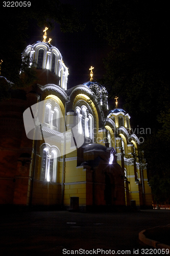 Image of Volodomirskiy Church at night in Kiev, Ukraine