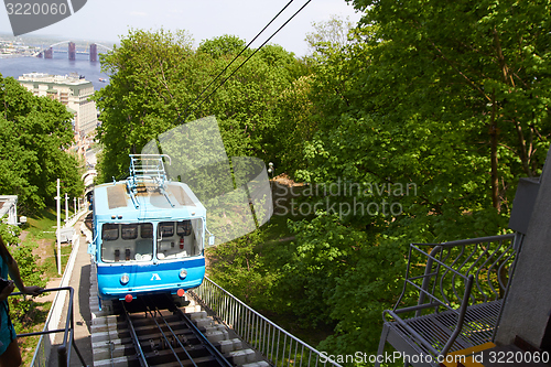 Image of Cable railway in Kyiv, Ukraine,  climbs up the steep right bank of  Dnieper River.