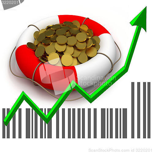 Image of Coins in lifesaver and business chart