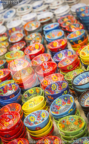 Image of Hand Painted Turkish Bowls on Table at the Market