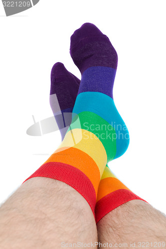 Image of man legs in colorful funny socks - isolated