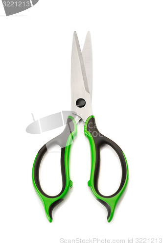 Image of Steel scissors with rubber grips, green and black.