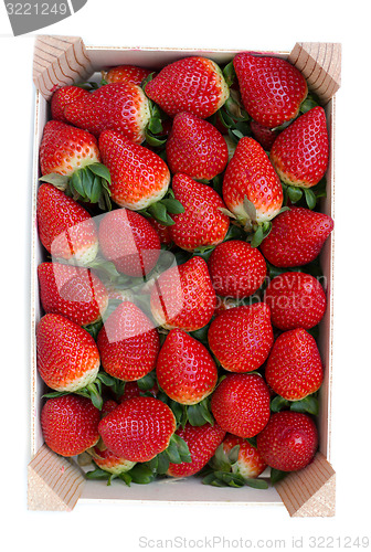 Image of fresh strawberries in a wooden box