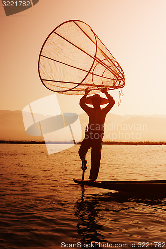 Image of Local Fisherman Placing a Fish Trap in Inle Lake, Myanmar