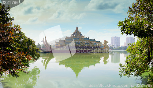 Image of Replica of a Burmese Royal Barge on Kandawgyi Lake in Myanmar