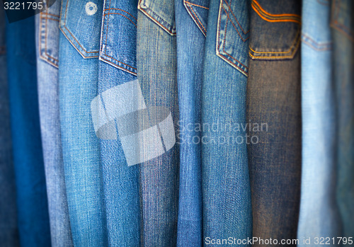 Image of Blue-Jeans in Various Shades of Blue, Arranged on Display.