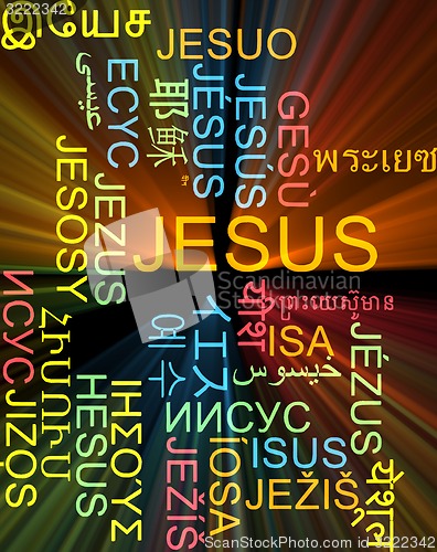 Image of Jesus multilanguage wordcloud background concept glowing
