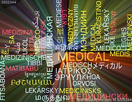 Image of Medical multilanguage wordcloud background concept glowing