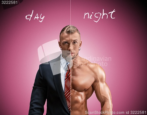 Image of Attractive man in a business suit and without it on blue-pink background