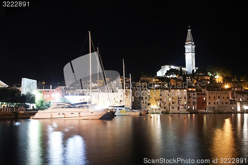 Image of Saint Eufemia church and bell tower in Rovinj at night