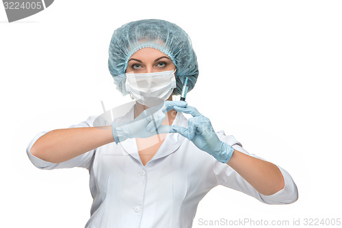 Image of Portrait of lady surgeon showing syringe over white background