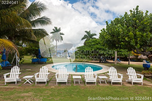 Image of Swimming pool, palm trees and sky