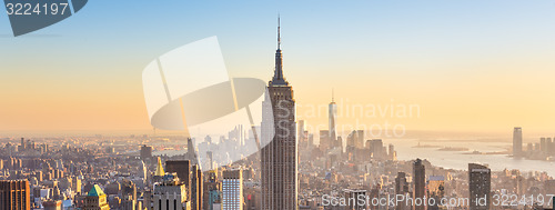 Image of New York City Manhattan skyline in sunset.