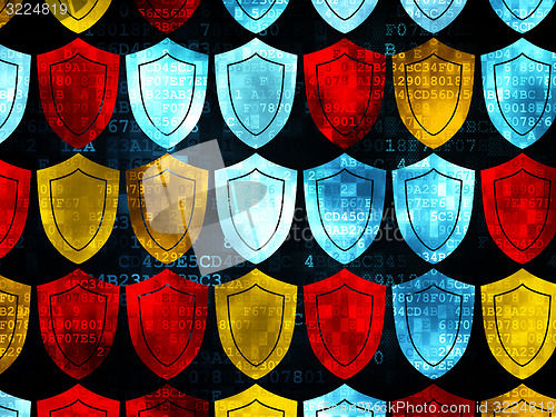 Image of Safety concept: Shield icons on Digital background