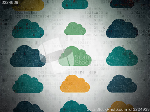 Image of Cloud networking concept: Cloud icons on Digital Paper background