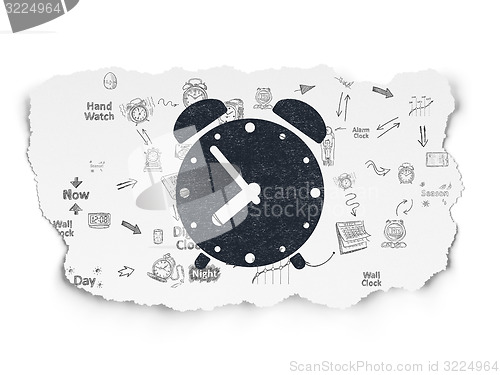 Image of Timeline concept: Alarm Clock on Torn Paper background