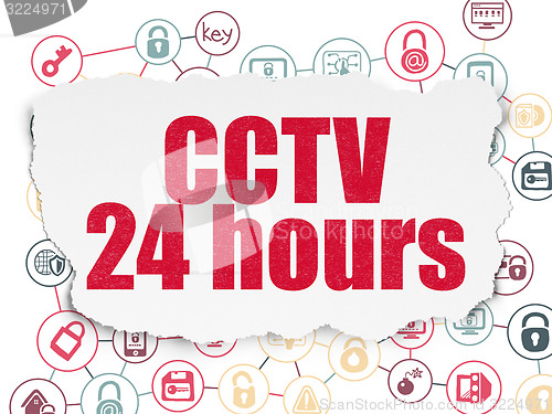 Image of Protection concept: CCTV 24 hours on Torn Paper background