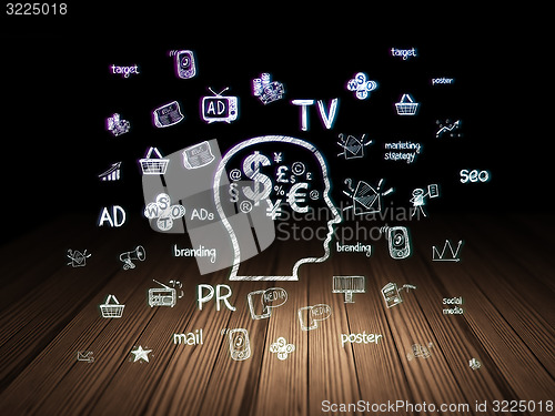 Image of Marketing concept: Head With Finance Symbol in grunge dark room