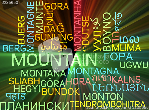 Image of Mountain multilanguage wordcloud background concept glowing