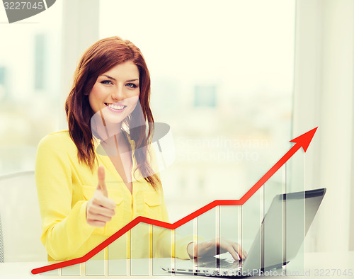 Image of smiling woman with laptop and growth chart