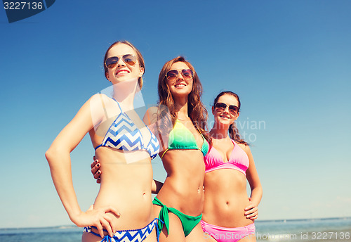 Image of group of smiling young women on beach