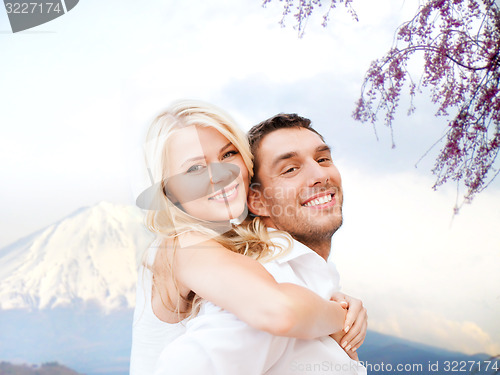 Image of couple having fun  over fuji mountain in japan