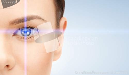 Image of beautiful woman pointing to eye