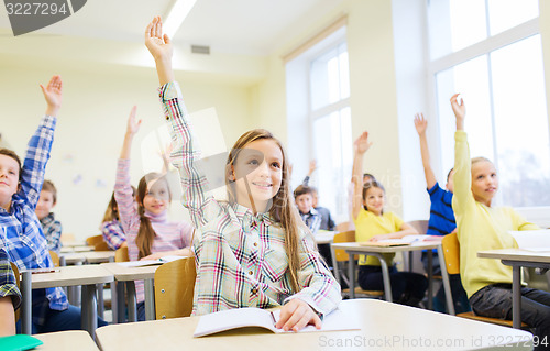Image of group of school kids raising hands in classroom