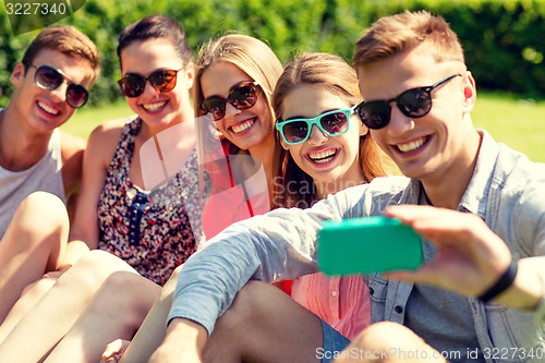 Image of smiling friends with smartphone sitting on grass