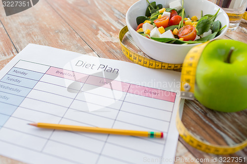 Image of close up of diet plan and food on table