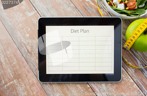 Image of close up of diet plan on tablet pc and food