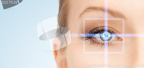 Image of beautiful woman pointing to eye