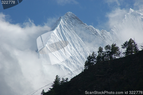 Image of Himalayan peak behind hillside with prayerflags