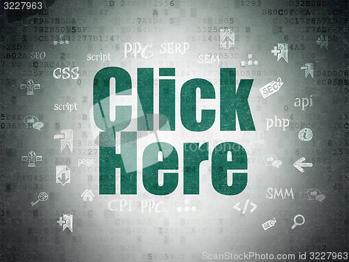 Image of Web development concept: Click Here on Digital Paper background