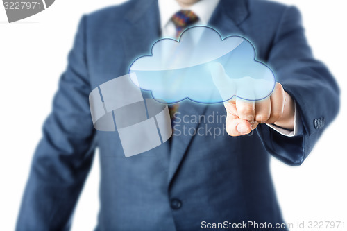 Image of Torso Of Business Person Touching Blank Cloud Icon