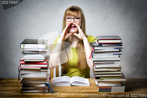 Image of happy schoolgirl woman with books