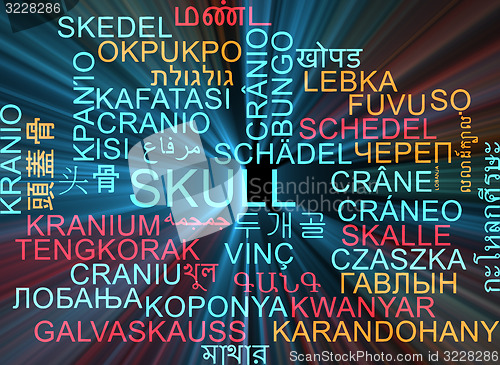 Image of Skull multilanguage wordcloud background concept glowing