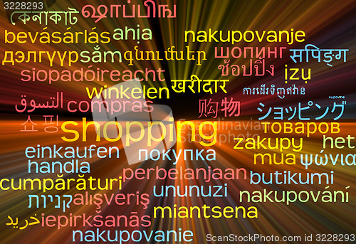 Image of Shopping multilanguage wordcloud background concept glowing