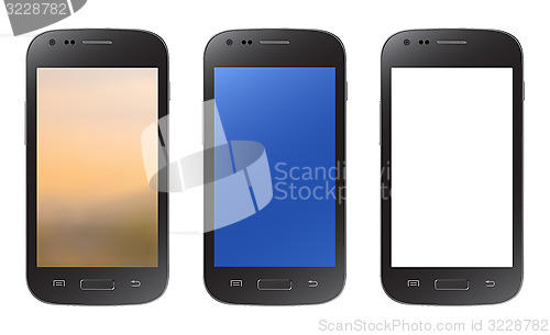 Image of Black smartphone collection with blurry, blue and empty screen, 