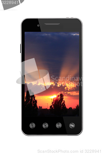 Image of smart-phone with picture of sunset on white