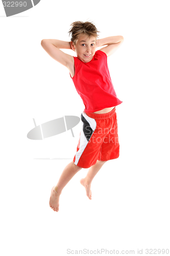 Image of Boy jumping hands behind head