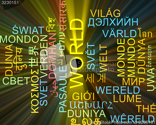 Image of World multilanguage wordcloud background concept glowing