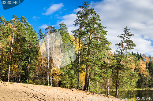 Image of Beautiful autumn landscape with forest Lake  