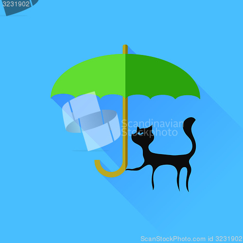 Image of Black Cat and Green Umbrella