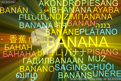 Image of Banana multilanguage wordcloud background concept glowing