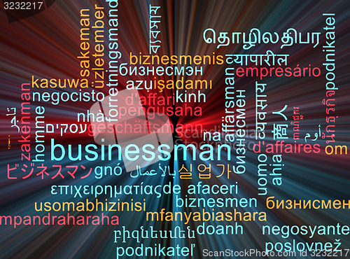 Image of Businessman multilanguage wordcloud background concept glowing