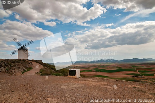 Image of Traditional white windmill in Consuegra, Spain