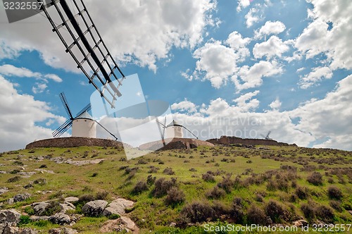 Image of Traditional white windmills in Consuegra, Spain